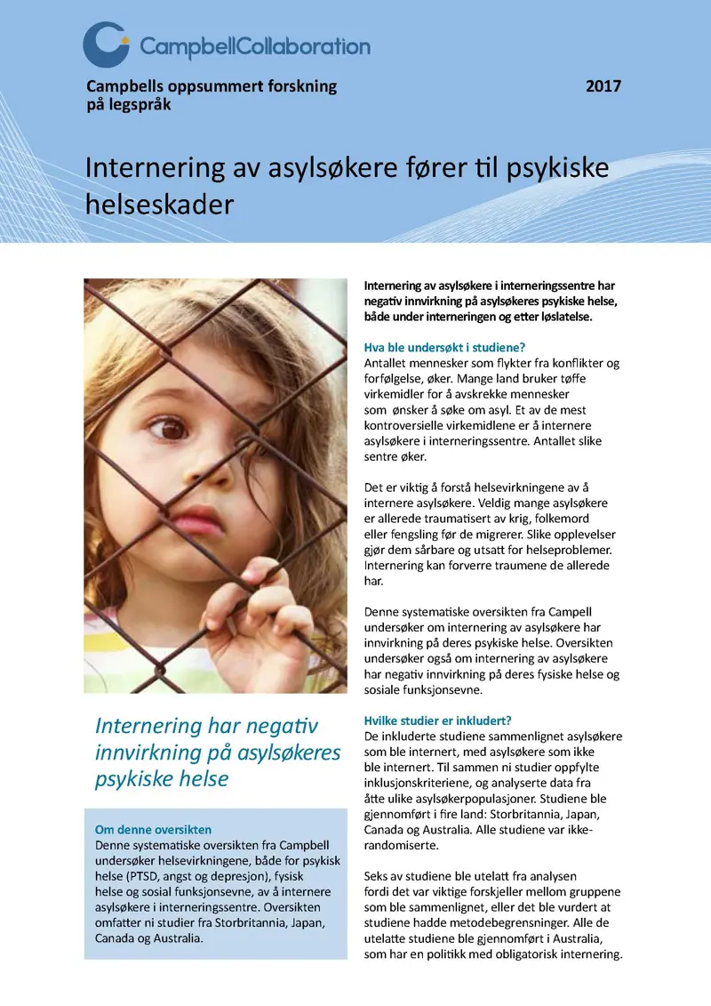 Førsteside Internering av asylsøkere fører til psykiske helseskader.jpg