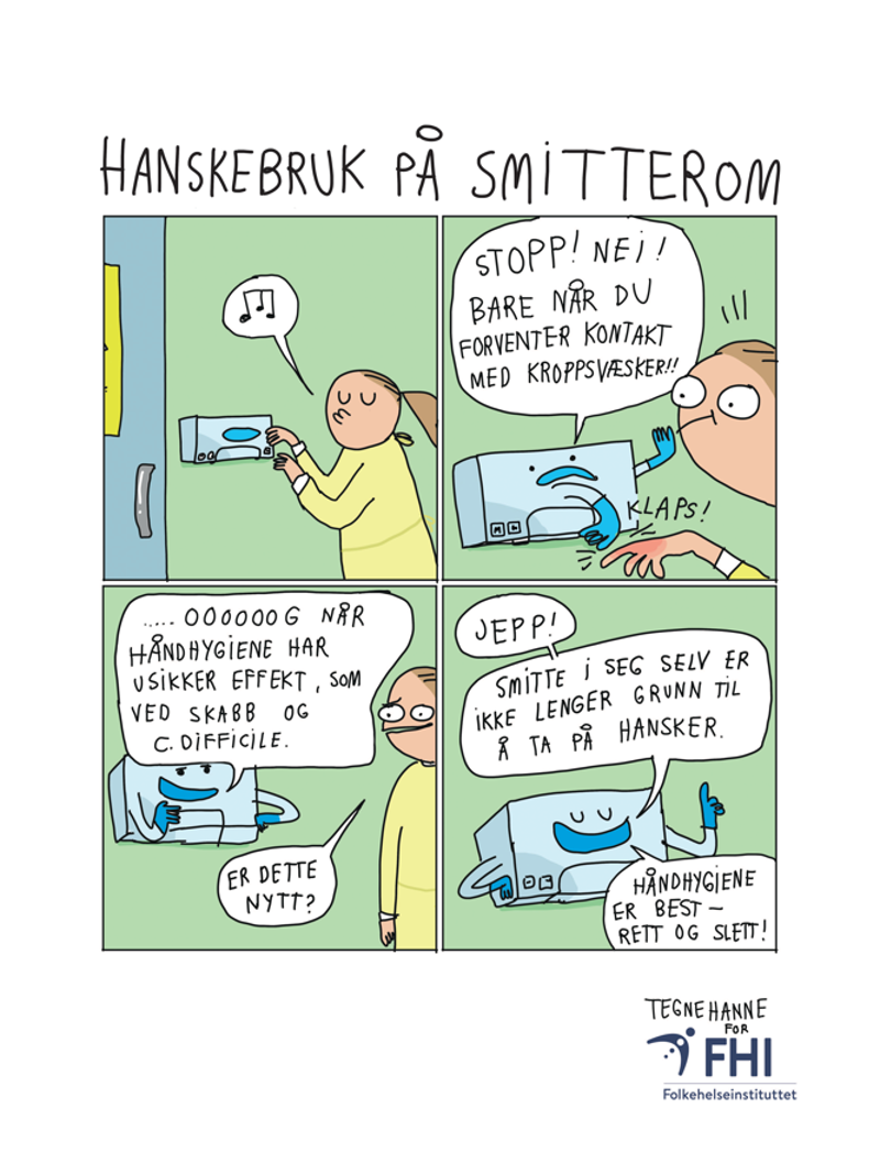 bilde av plakat som illustrerer hanskebruk på smitterom - hansker bare når du forventer kontakt med kroppsvæsker
