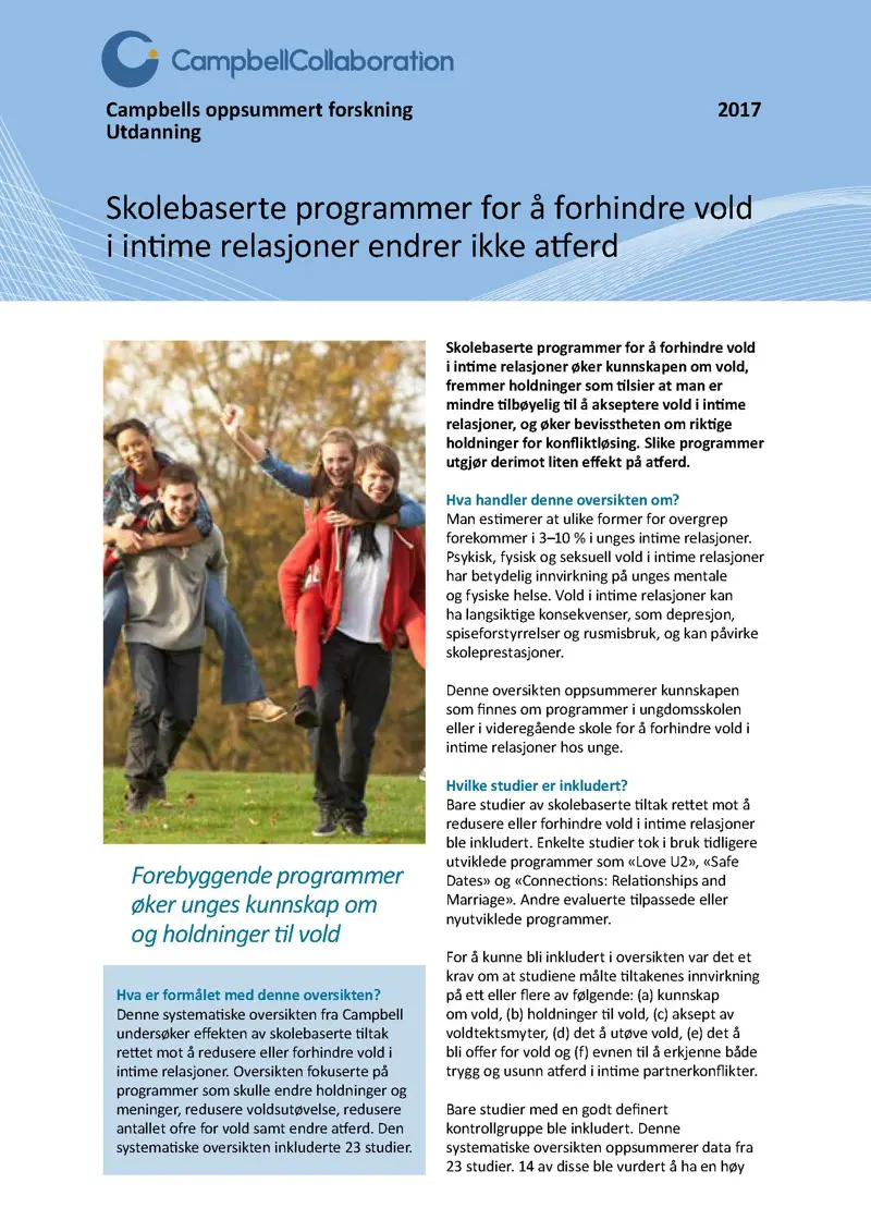 Forside Skolebaserte programmer for å forhindre vold i intime relasjoner endrer ikke atferd.jpg