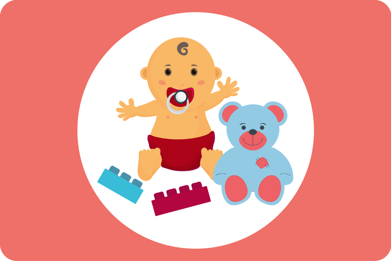 baby sittende med leker rundt seg