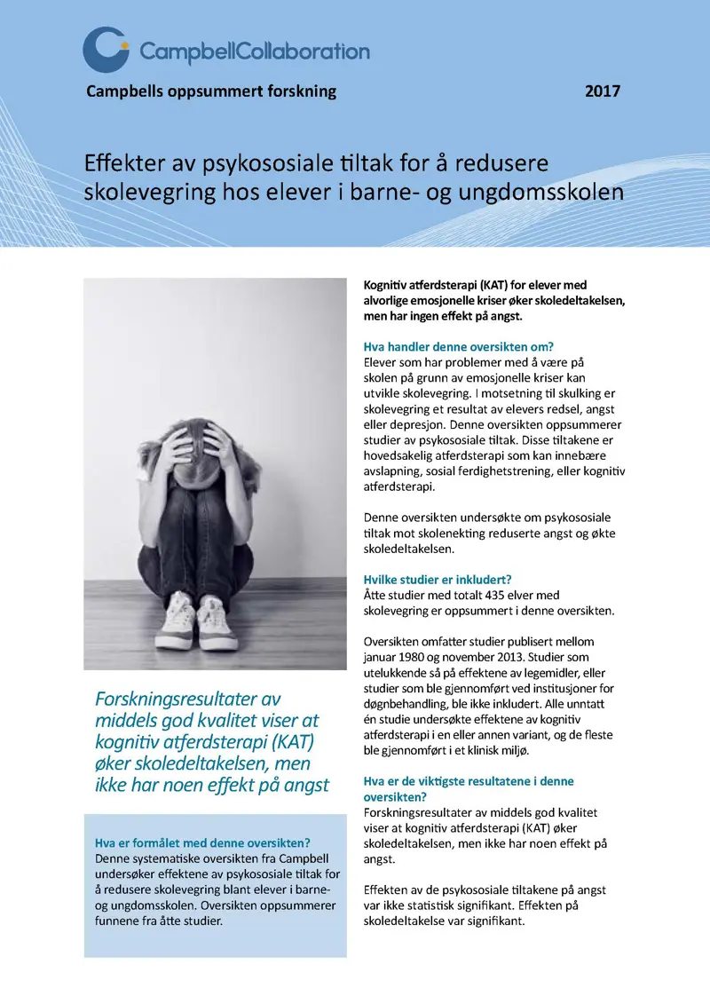 Førsteside Effekter av psykososiale tiltak for å redusere skolevegring hos elever i barne og ungdomsskolen.jpg