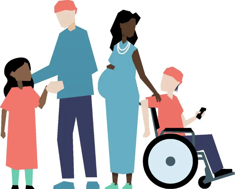 Fire mennesker ved siden av hverandre. En datter, far, gravid kvinne og en i rullestol (Ilustrasjon).