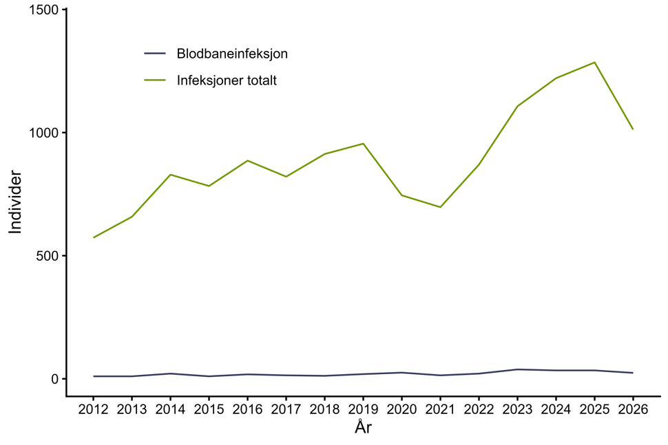 Figur 31. Antall personer per 100.000 personår med infeksjon med MRSA meldt til MSIS i perioden 2012-13.10.2026 fordelt på infeksjoner totalt og blodbaneinfeksjoner. Kilde: MSIS, FHI.