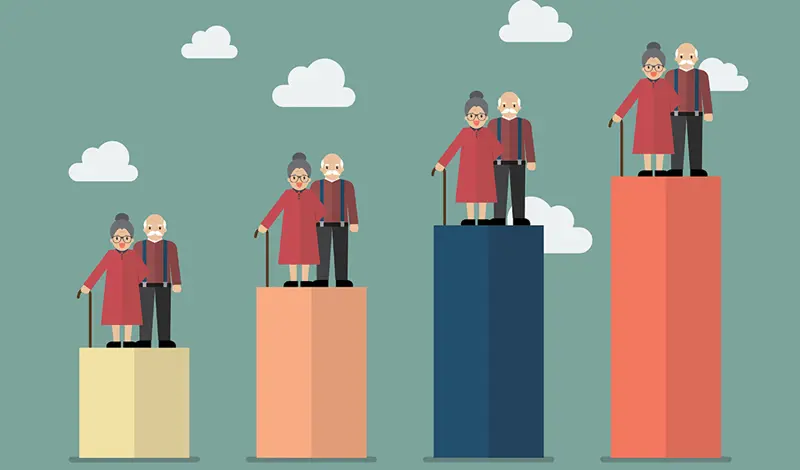 Illustrasjon som viser økende graf med et eldre par med stokk på toppen av grafene. Bilde.