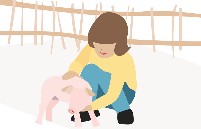 Tegning av et barn som klapper på en grisunge