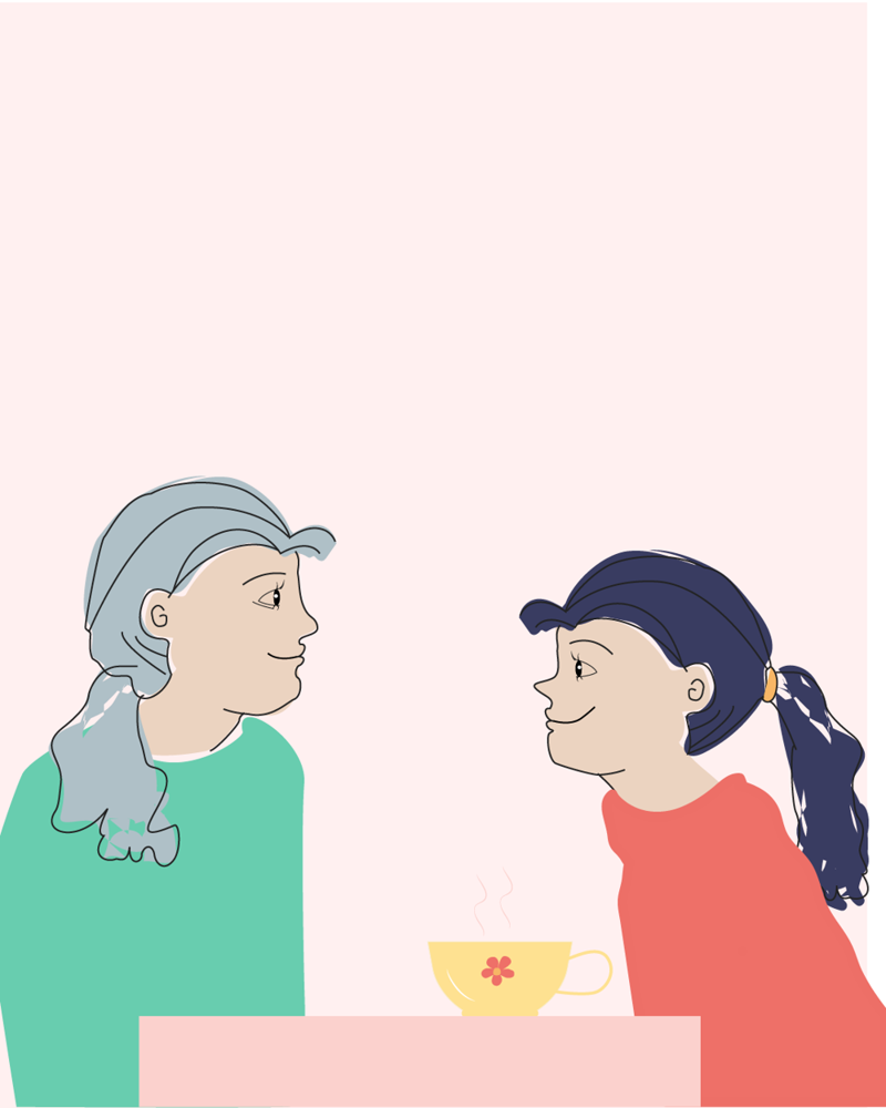 To damer som sitter på hver sin side av et bord med ansiktene vendt mot hverandre. Smiler. Illustrasjon