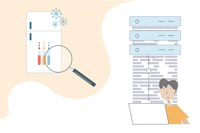 fryser med prøver i reagensrørglass, med forstørrelsesglass over