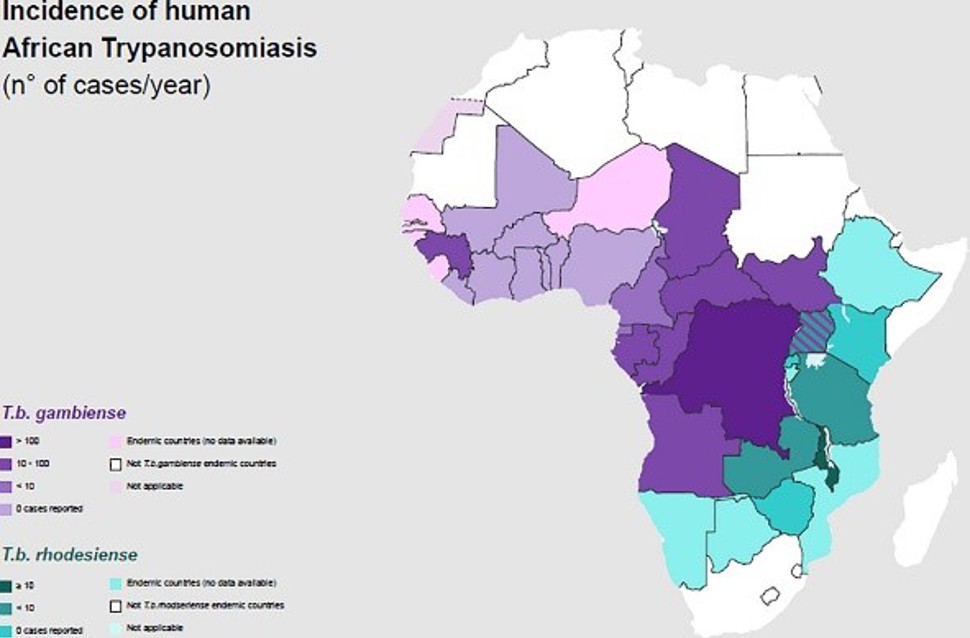 Figur 1: Insidens av human afrikansk trypanosomiasis i 2020.