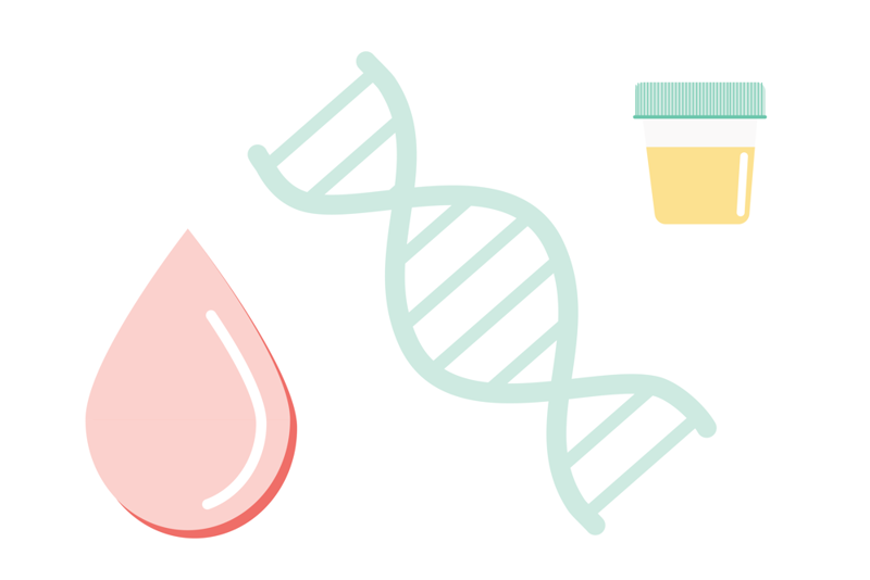 bloddråpe, beholder med urin og dna