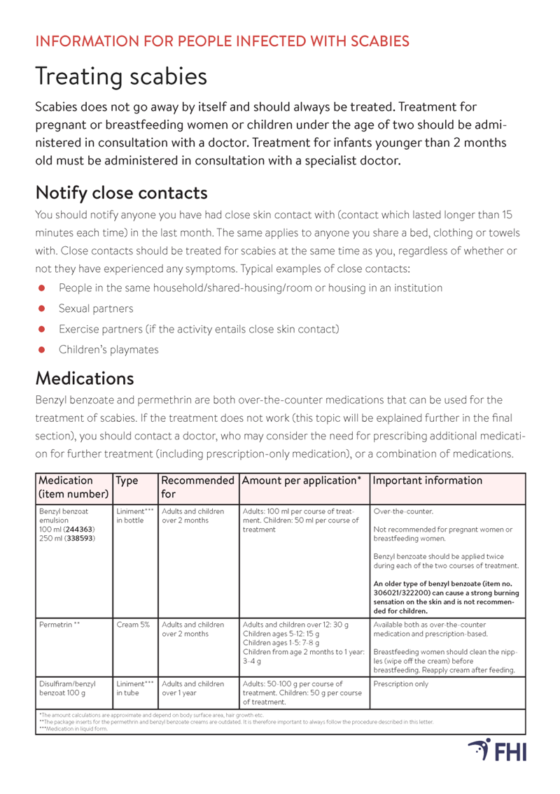 skjermdump av infoark om behandling av skabb