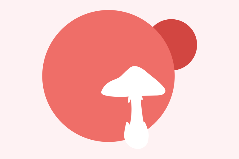illustrasjon med en hvit sopp i forkant av to røde sirkler som indikerer fare