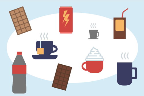 Både mørk og lys sjokolade, kakao, filterkaffe, espresso, energidrikk, svart te og sjokolademelk inneholder koffein som kan ha en helseeffekt