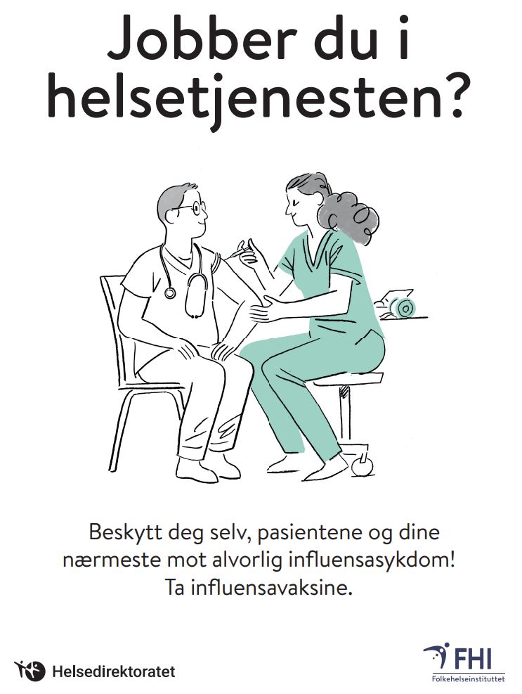 thumbnail av plakat til helsepersonell, budskap om influensavaksine, bilde av ansatt 