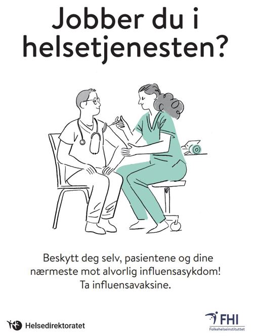 Plakat med budskap at helsepersonell skal vaksineres mot influensa, tegning av to helsepersonell