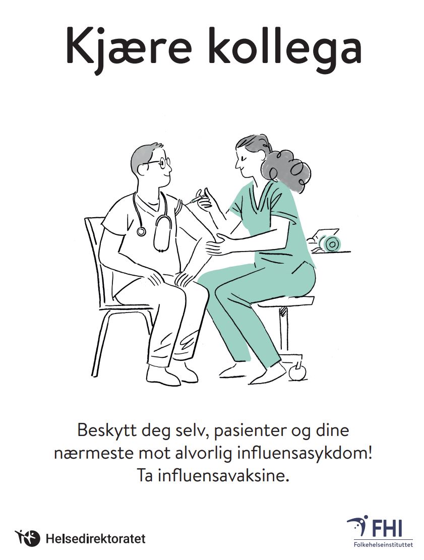 thumbnail om plakat til helsepersonell, budskap om influensavaksine, bilde av ansatt 