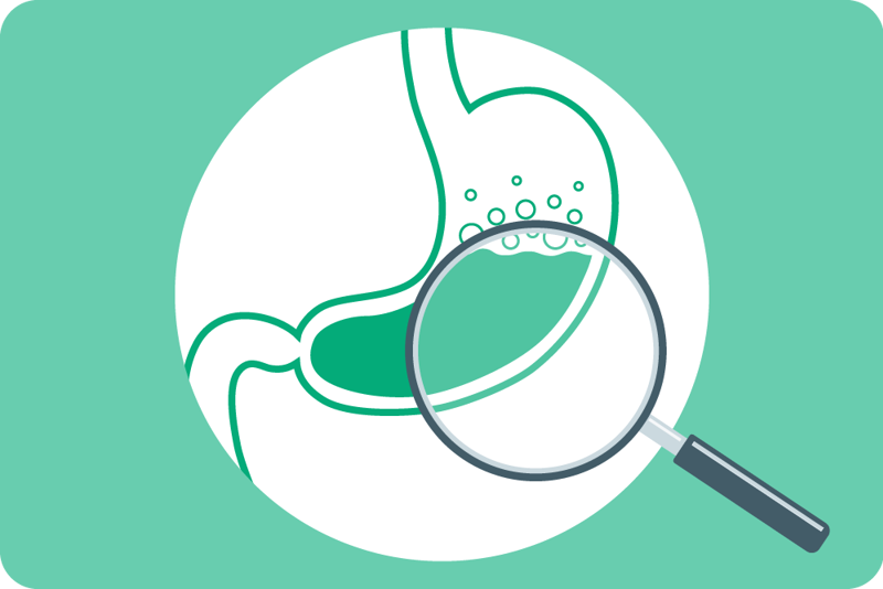 Illustrasjon av mage og tarm med forstørrelsesglass foran