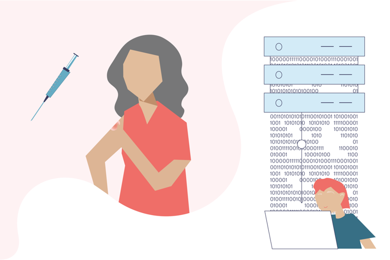 dame, sprøyte, bivirkning av vaksine med rødt og ømt område på overarmen