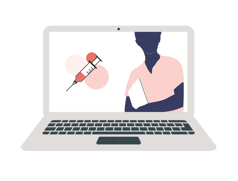visning av pc skjerm med helsepersonell og vaksine