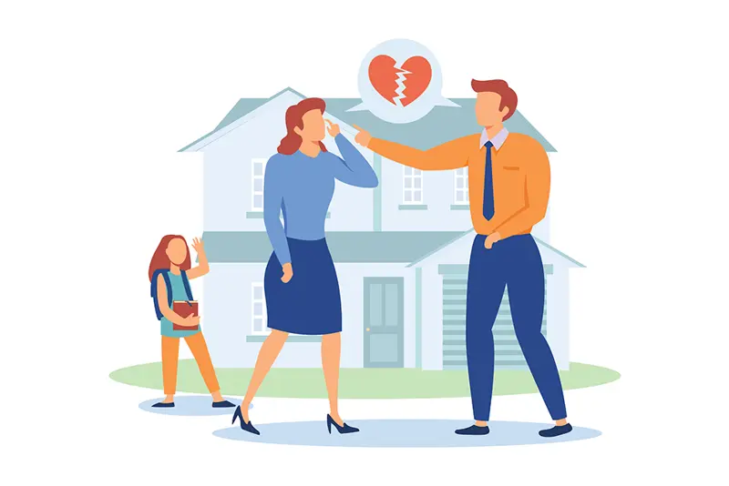 illustrasjon av brudd mellom kvinne og mann med barn og hus i bakgrunnen