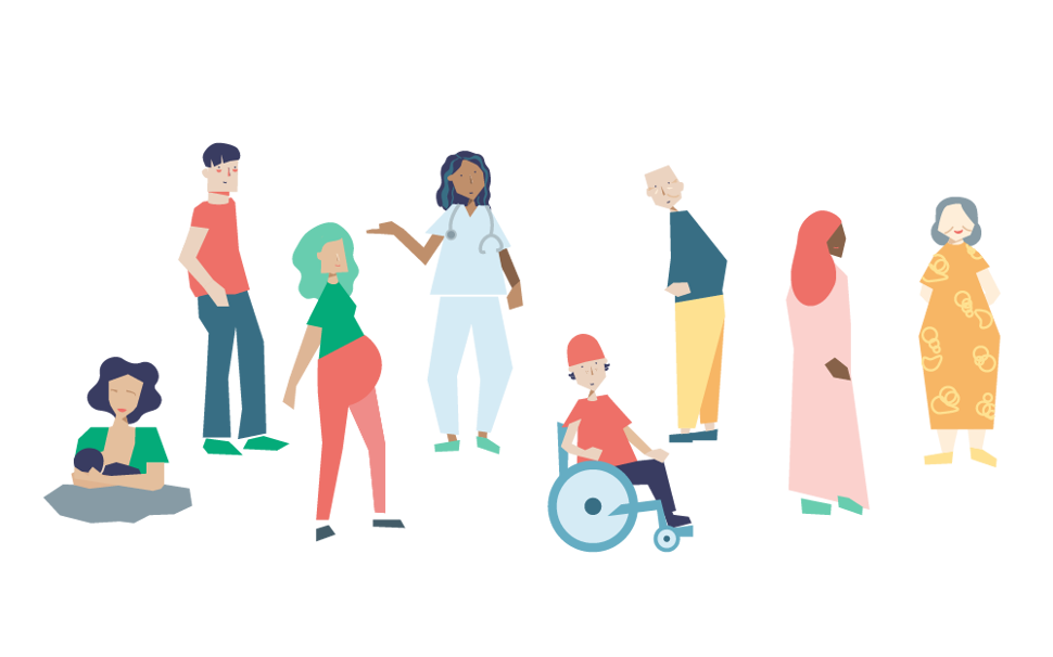Illustrasjon som viser ulike personer i aldre, kjønn og andre variasjoner