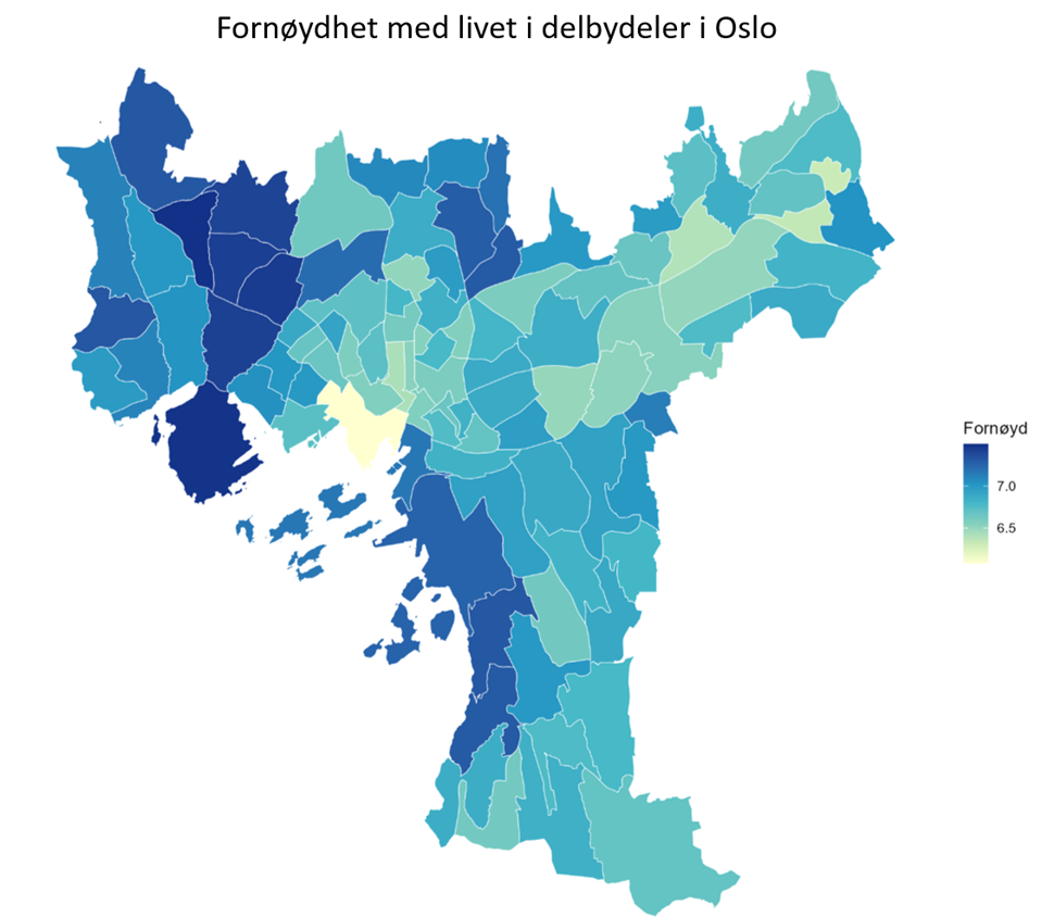 Kart som viser fordeling av livskvalitet i bydeler i Oslo