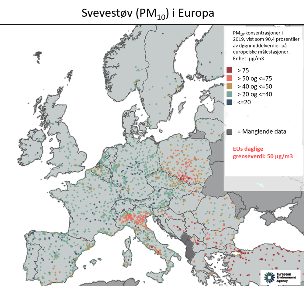 Figur 6. Konsentrasjon av svevestøv (PM10), i europeiske land i 2019. Lys rød og mørk rød farge indikerer at nivået ligger over EUs daglige grenseverdi (50 µg/m3)  Kilde/illustrasjon: European Environment Agency. 