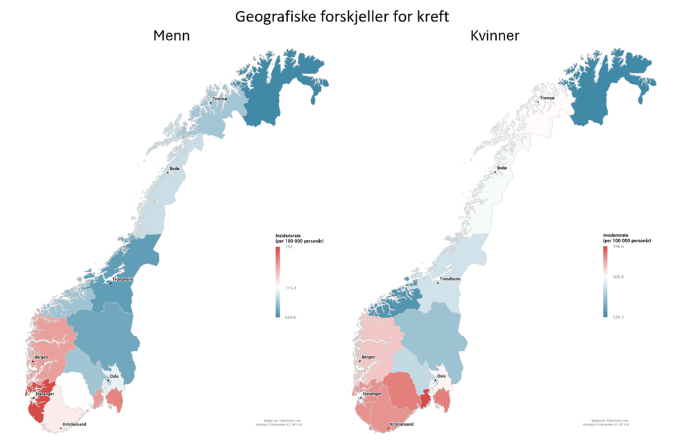 Kart som viser geografiske forskjeller i kreft for kvinner og menn