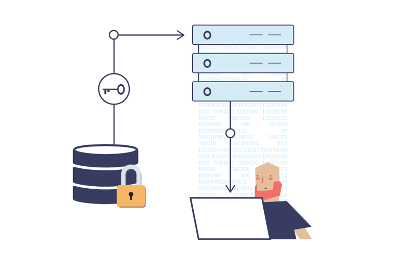En mann sitter foran en data det går piler utfra, illustrasjon