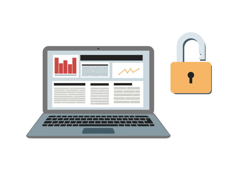 Datamaskin og hengelås, illustrasjon