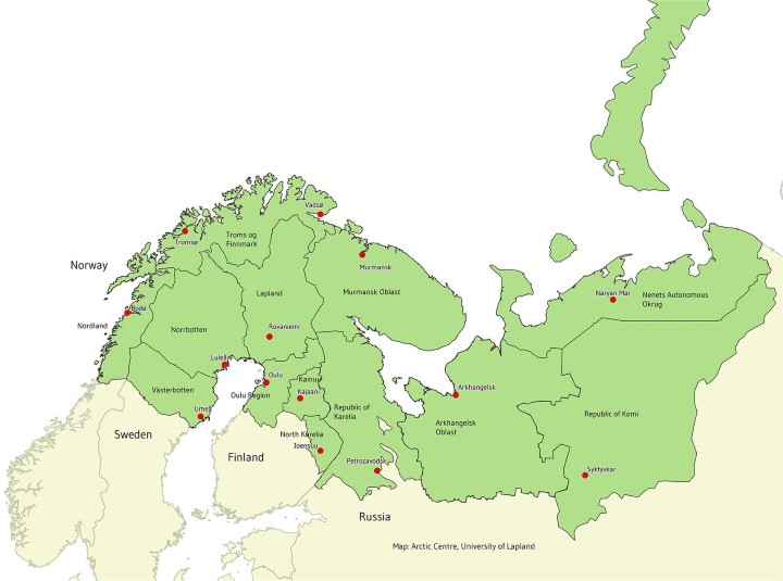 Kart over det euro-arktiske Barentsområdet laget av Arktiska centret ved Lapplands universitet.. 