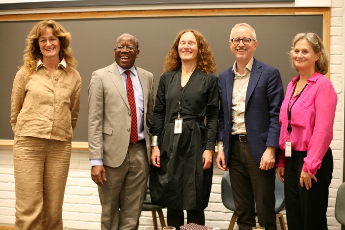 The director of the public health institute in Malawi, Ben Chilima, meets his "sister institute", the NIPH. From left: Country coordinator for Malawi, Trude Arnesen (NIPH), Ben Chilima, NIPH director Camilla Stoltenberg, Norad director Bård Vegard Solhjell and BIS program director Ragnhild Dybdahl (NIPH).. Copyright: FHI