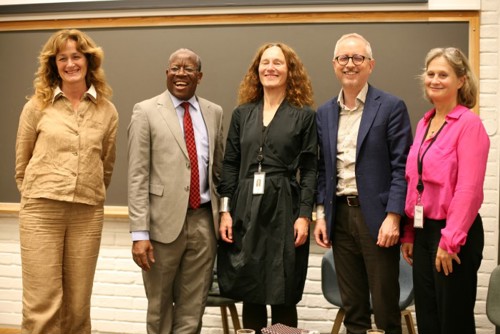 The director of the public health institute in Malawi, Ben Chilima, meets his "sister institute", the NIPH. From left: Country coordinator for Malawi, Trude Arnesen (NIPH), Ben Chilima, NIPH director Camilla Stoltenberg, Norad director Bård Vegard Solhjell and BIS program director Ragnhild Dybdahl (NIPH). Copyright: FHI