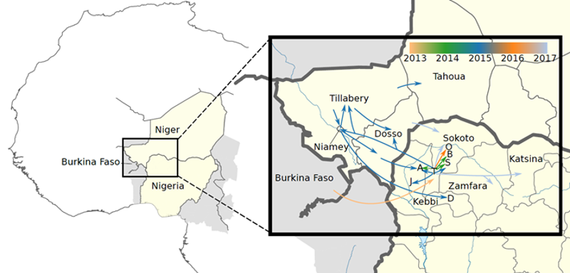 Figure 1. The map shows how the outbreak, starting in one province in northern Nigeria, spread like an epidemic to nearby provinces and the neighbouring country, Niger over the next four years.  Illustration: Brynildsrud et al., 2018