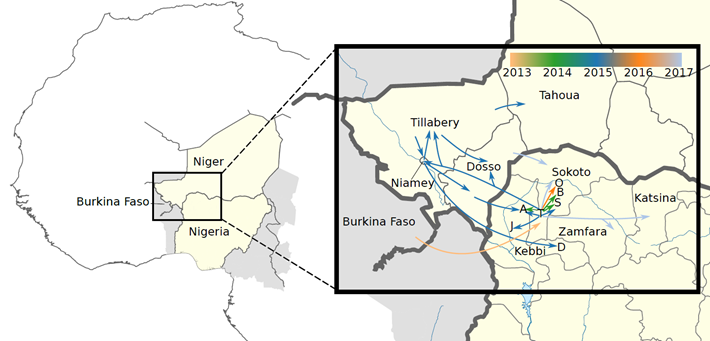 Figure 1. The map shows how the outbreak, starting in one province in northern Nigeria, spread like an epidemic to nearby provinces and the neighbouring country, Niger over the next four years. . Illustration: Brynildsrud et al., 2018
