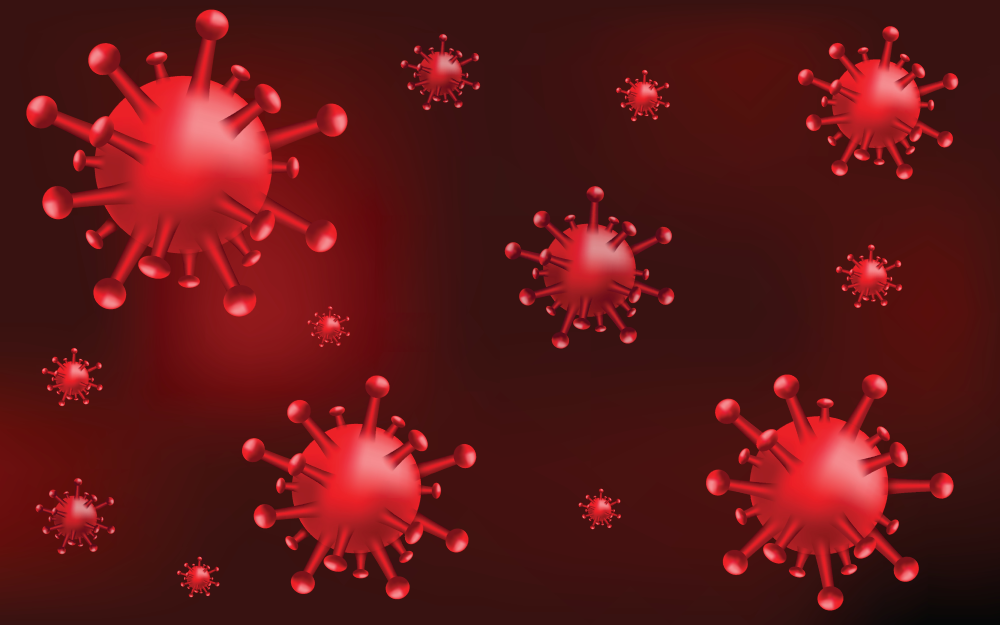 Mørkerøde koronavirus på rød bakgrunn