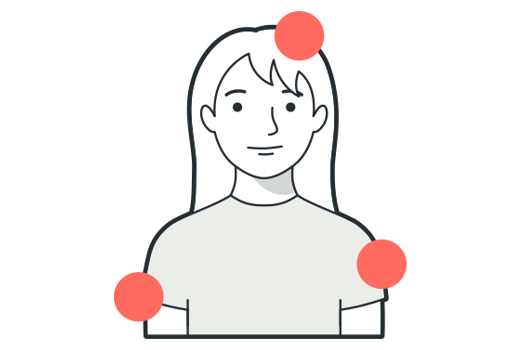 jente med tre røde sirkler plassert på skuldre og ved hodet for å illustrere mulige bivirkninger etter vaksinasjon
