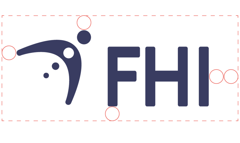 Viser forkortet FHI-logo med dimensjoner for hvor mye luft som må være rundt til andre elementer