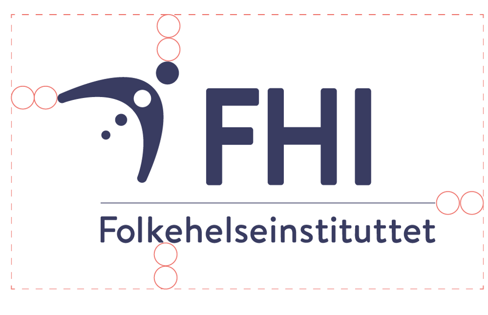Viser FHI-logo med dimensjoner for hvor mye luft som må være rundt til andre elementer