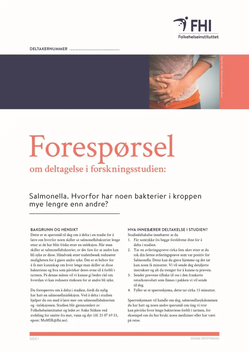Illustrasjonsbilde av informasjonsbrev og samtykkeskjema for salmonellabærerskapstudien