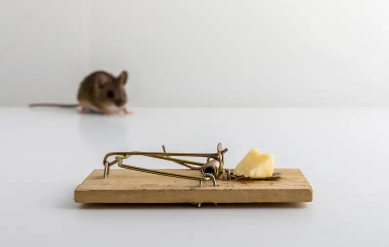 Musefelle laget av tre og metall, med ost som åte. I bakgrunnen ser man en mus, men musen ikke i fokus.