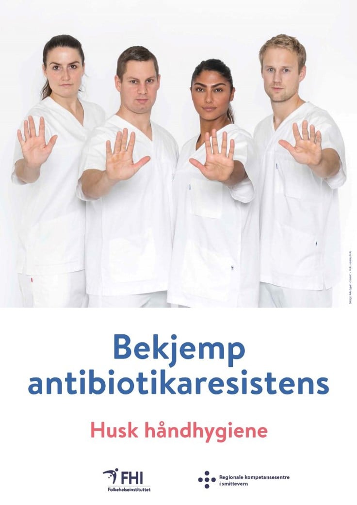 plakat som viser helsepersonell betydning av håndhygiene