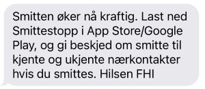 Slik ser SMS-en om Smittestopp fra FHI ut.