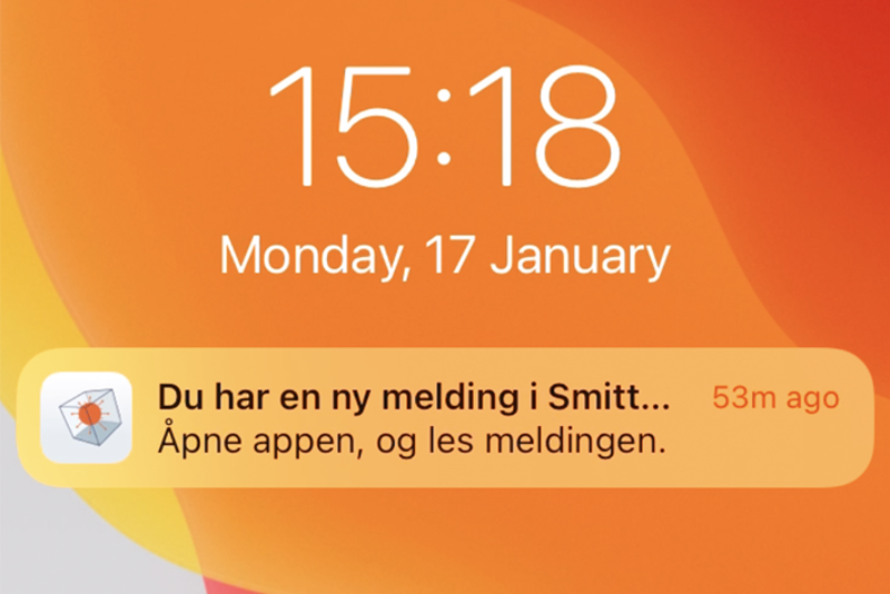 skjermdump av varsel fra smittestopp på iphone