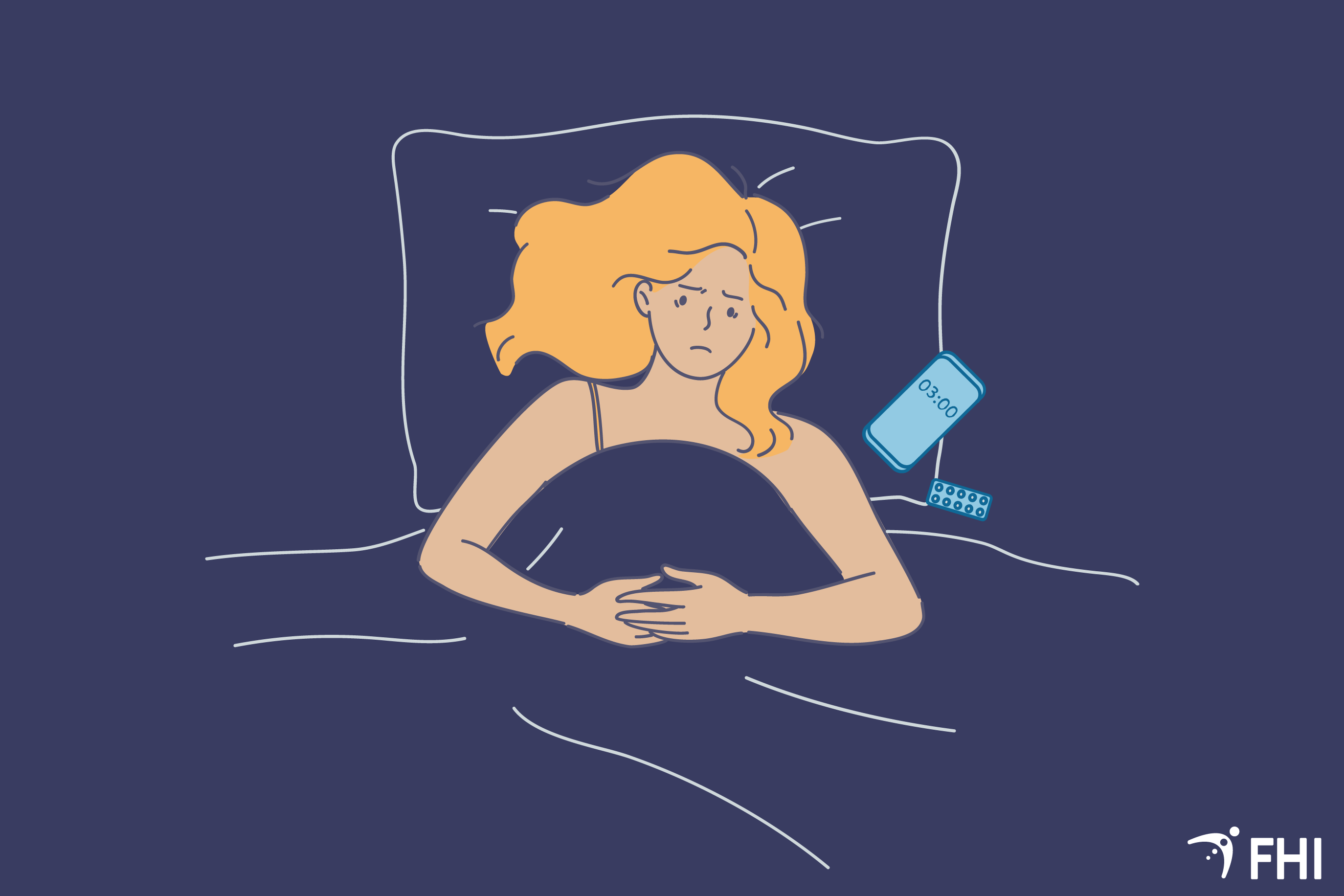 ung kvinne som ligger i senga på natta og ikke får sove. Pillebrett og mobil ligger ved isden av. 