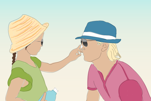liten jente som smører solkrem på pappaen sin nese