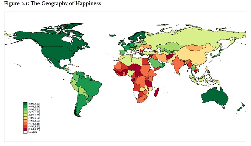 Lykkekart. Helliwell, John F., Richard Layard, and Jeffrey Sachs, eds. 2015. World Happiness Report 2015.
