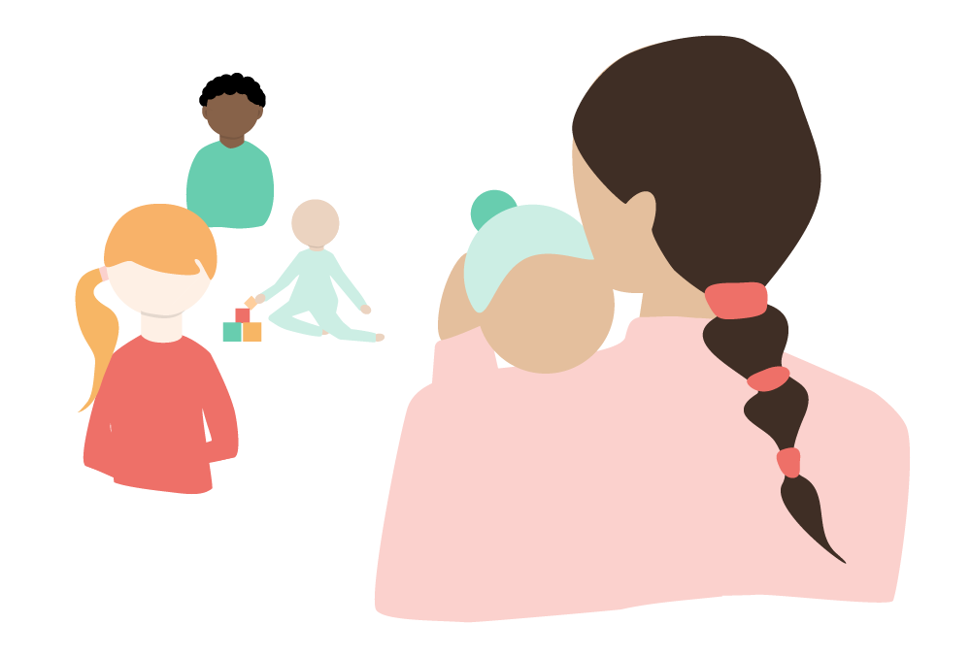bilde av barn i ulike aldre, samt en mor med baby med hodet på skulderen