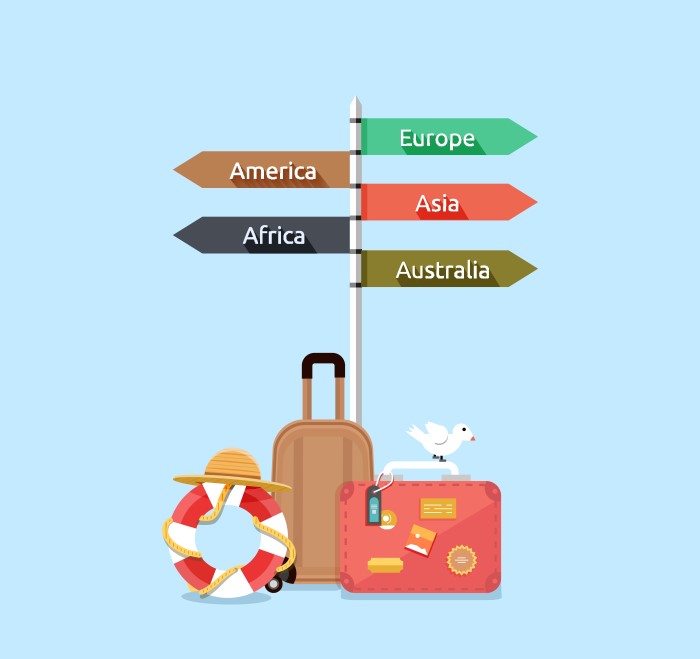 illustrasjonsbilde av koffert og skilt med ulike reisedestinasjoner
