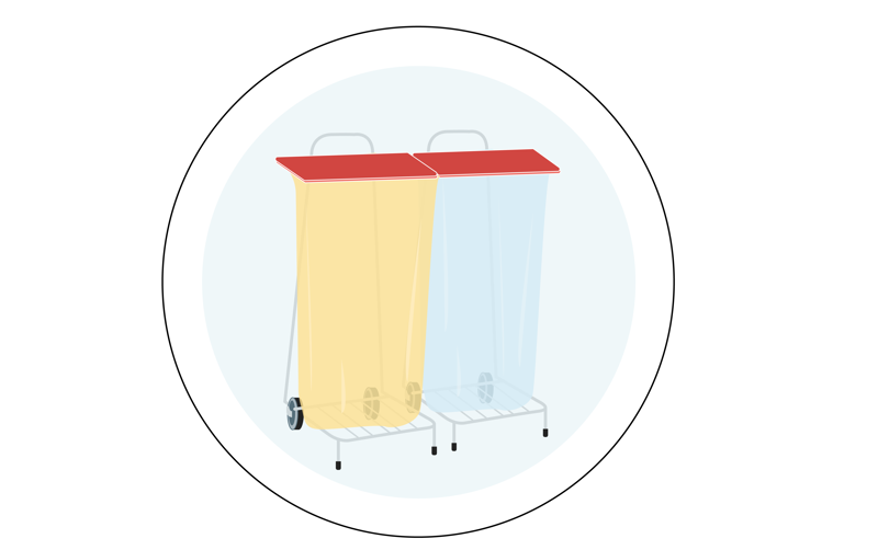 illustrasjon av gul og blank søppelposer på stativ