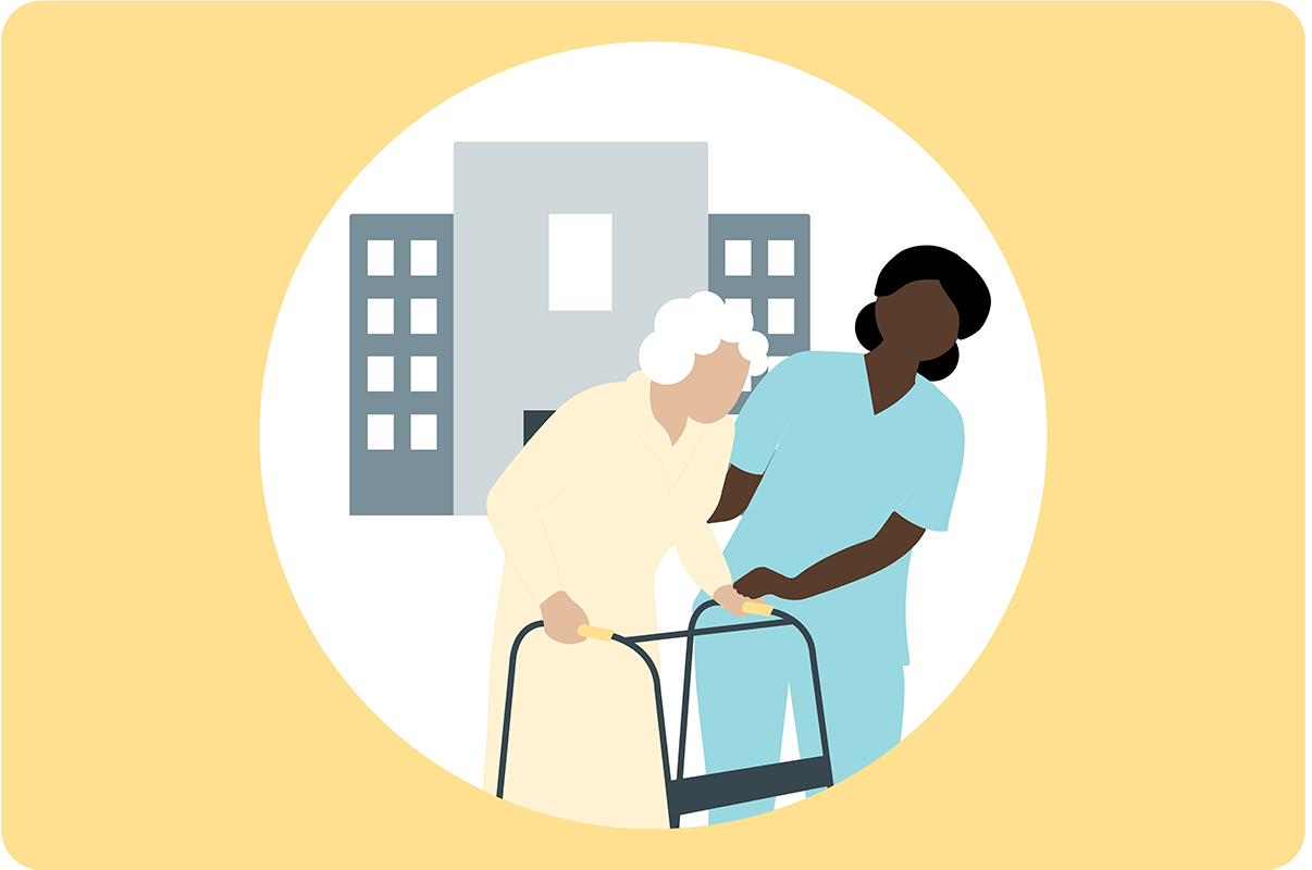 illustrasjon av en gammel dame som får hjelp av helsepleier, med bygning i bakgrunnen